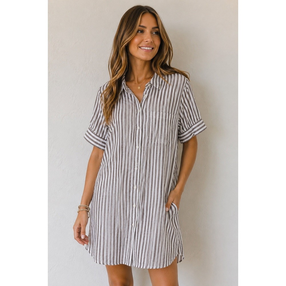 Old Navy Linen Blend Button Up Shirt Dress M Sand Striped Coastal Beach Casual